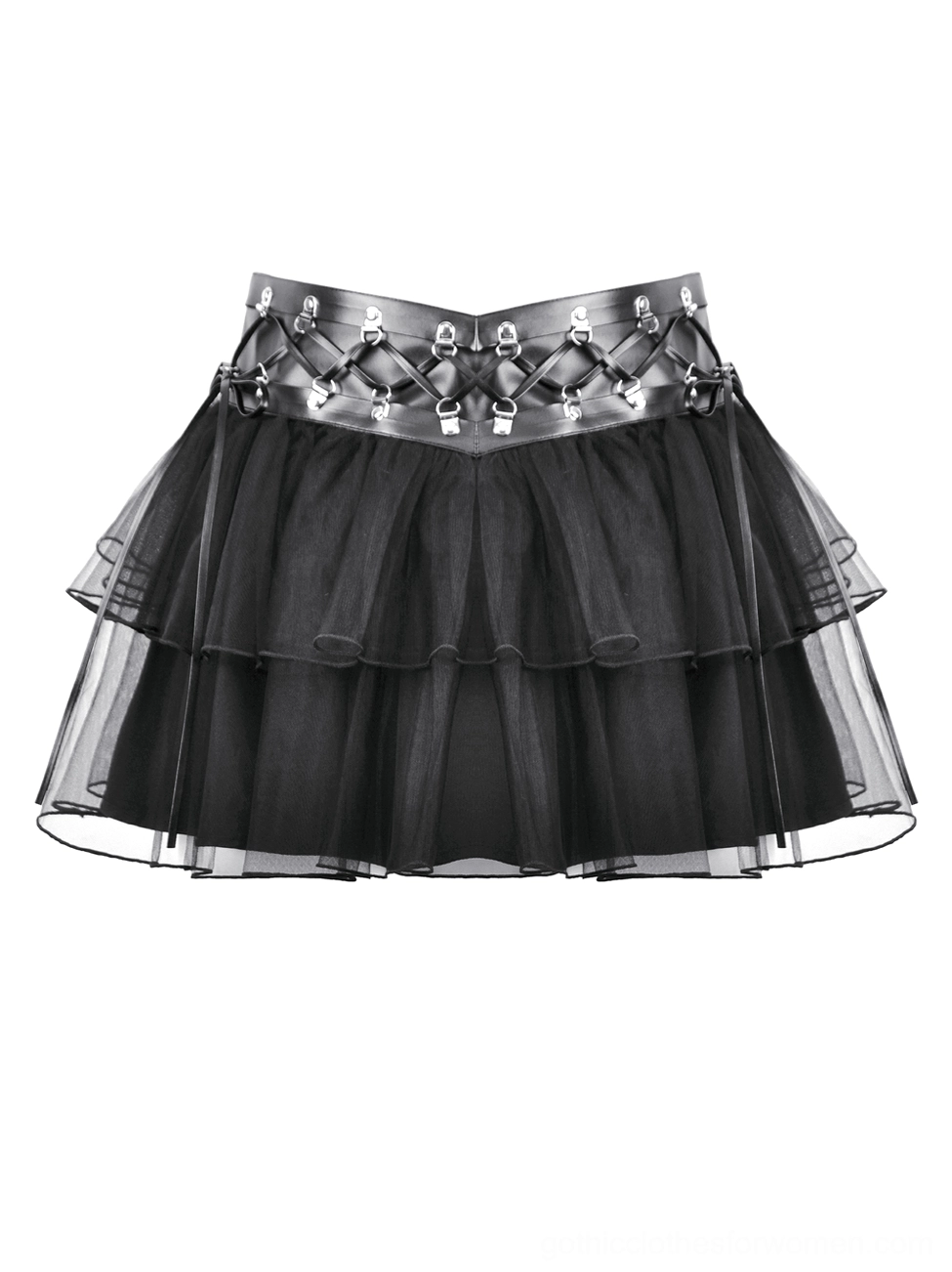 Black gothic mini skirt flat lay front view with lace-up metal waist hardware and double sheer tulle layers