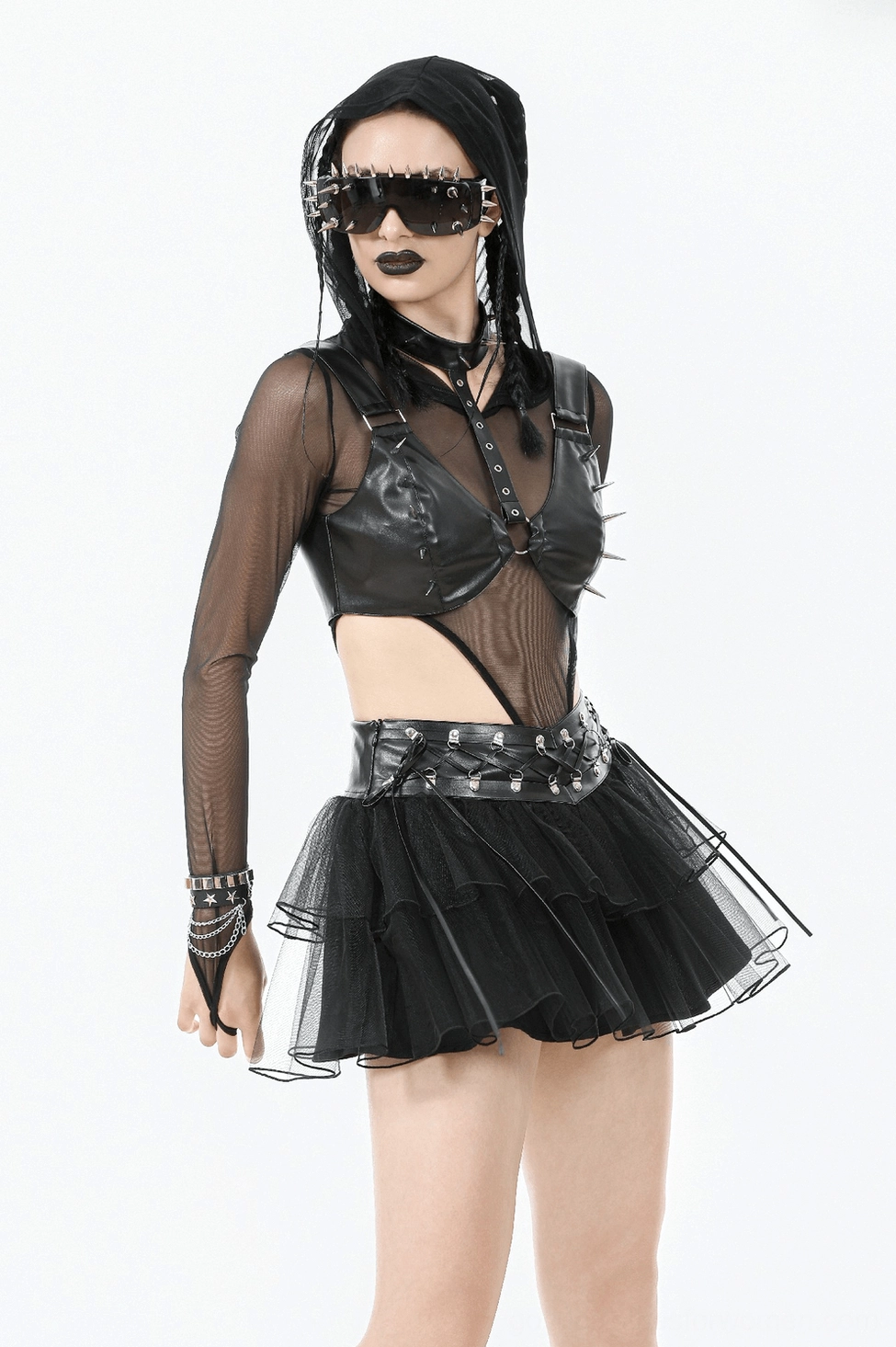 Black gothic tulle mini skirt textural detail highlighting sheer layered tulle and faux leather waistband quality