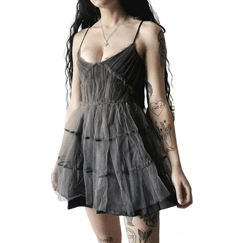 Black gothic tulle slip mini dress with adjustable tie straps and tiered mesh design - front view on tattooed model
