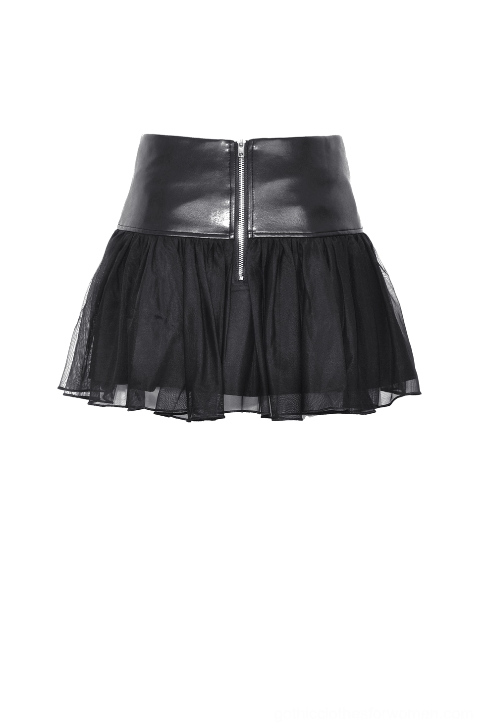 Back flat lay view of gothic tulle skirt displaying PU leather waist panel and back zipper design