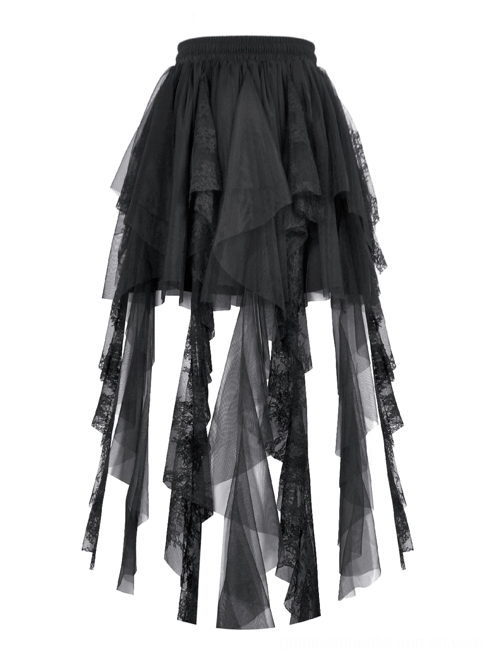 Black layered tulle skirt product display showing asymmetrical long tulle fringe and lace decoration