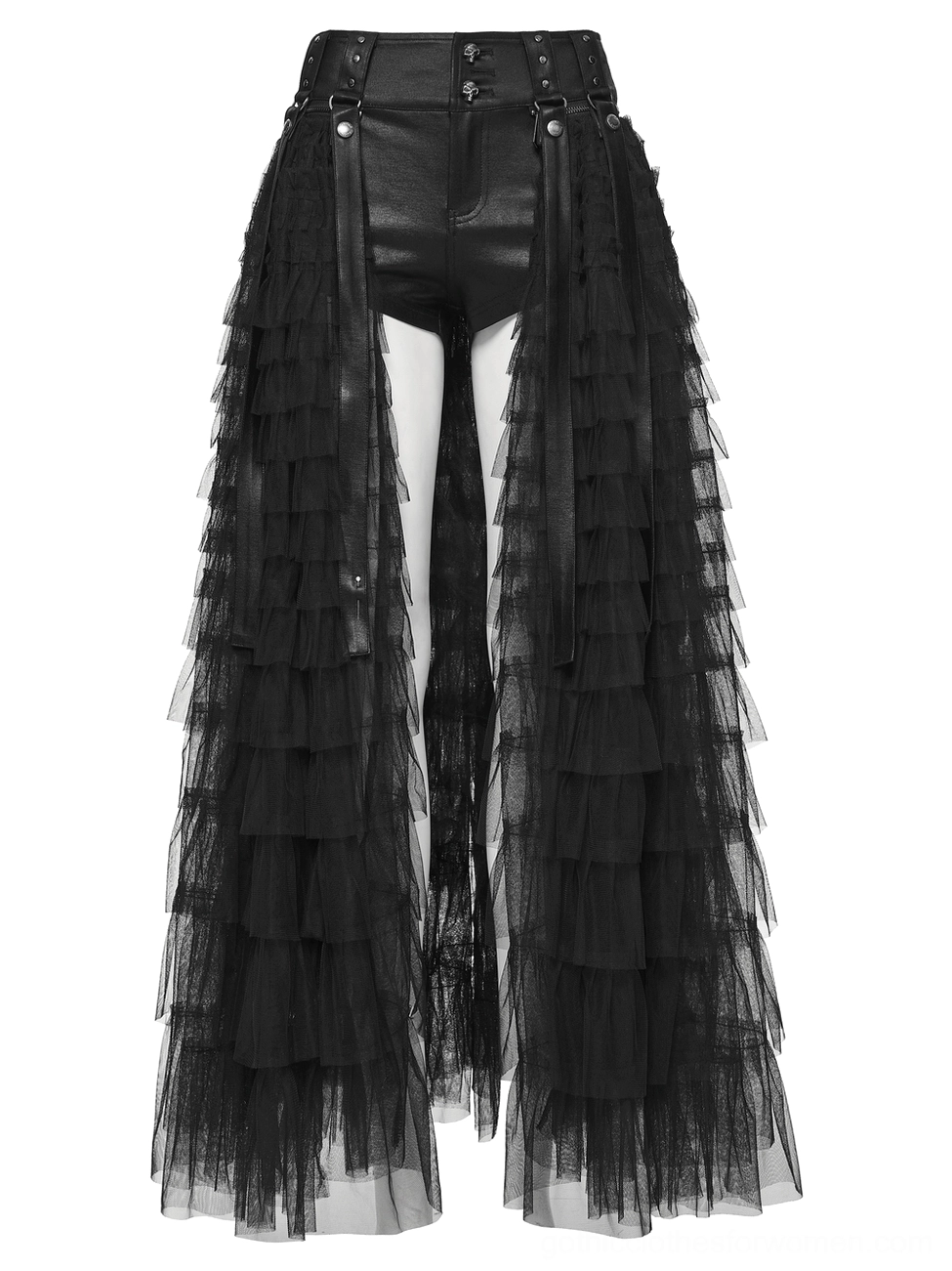 Black gothic 2-in-1 skirt-shorts set flat lay front view with studded details and tiered mesh tulle construction