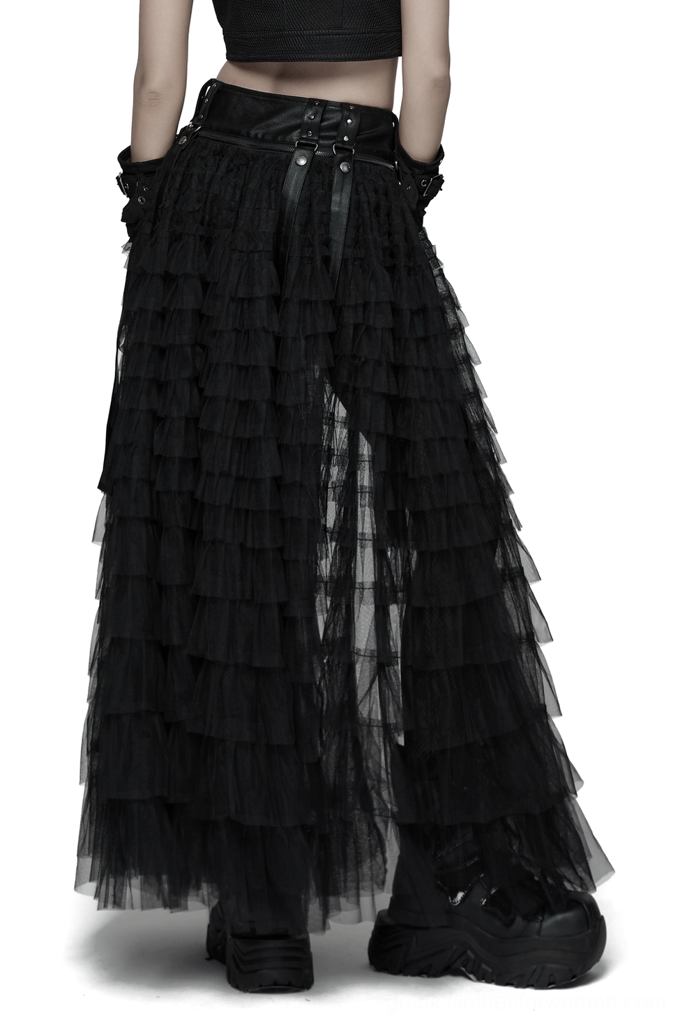 Rear view of black gothic 2-in-1 skirt-shorts set showcasing floor-length tiered tulle layers and studded leather waist belt