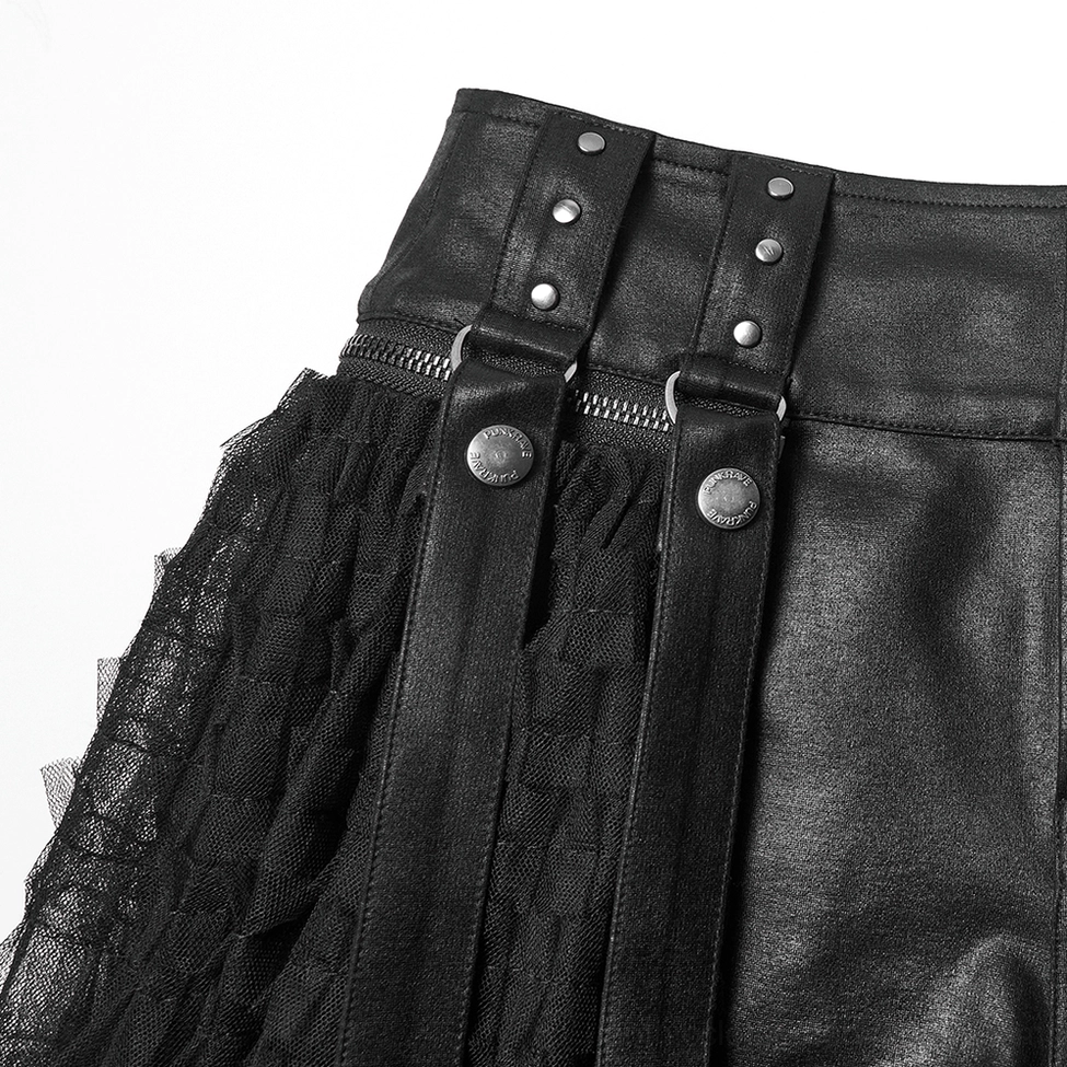 Black gothic 2-in-1 tulle skirt-shorts waistband detail with removable ribbons and skull decorations