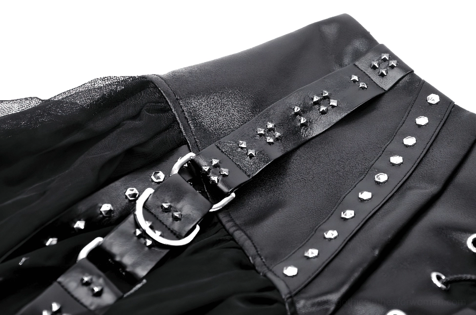 Side strap close-up of black gothic tulle skirt showing metal D-rings and studded PU leather