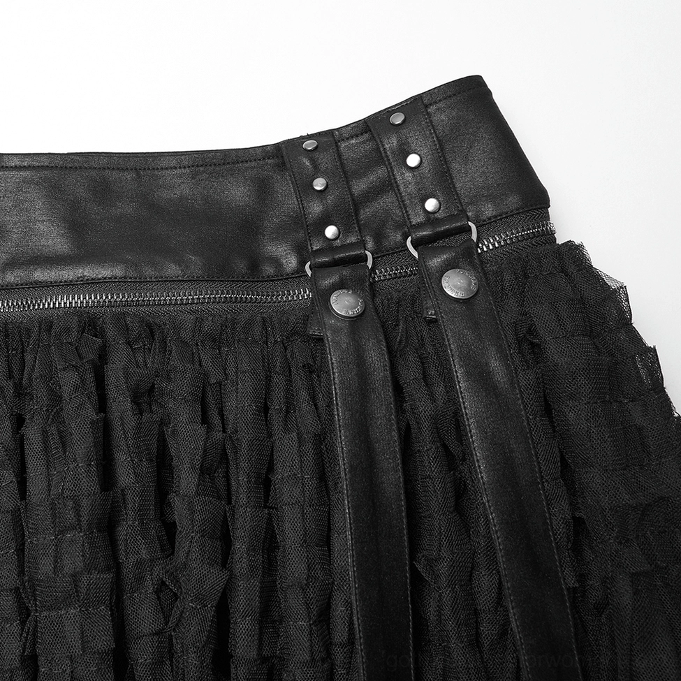 Side close-up detail of gothic tulle skirt waist attachment featuring studded leather waistband and adjustable straps