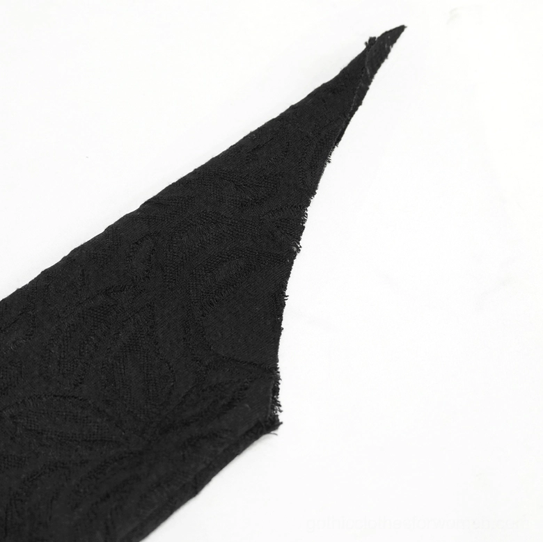 Black gothic turtleneck long sleeve top with irregular hem and mesh chest detailing, studio photography