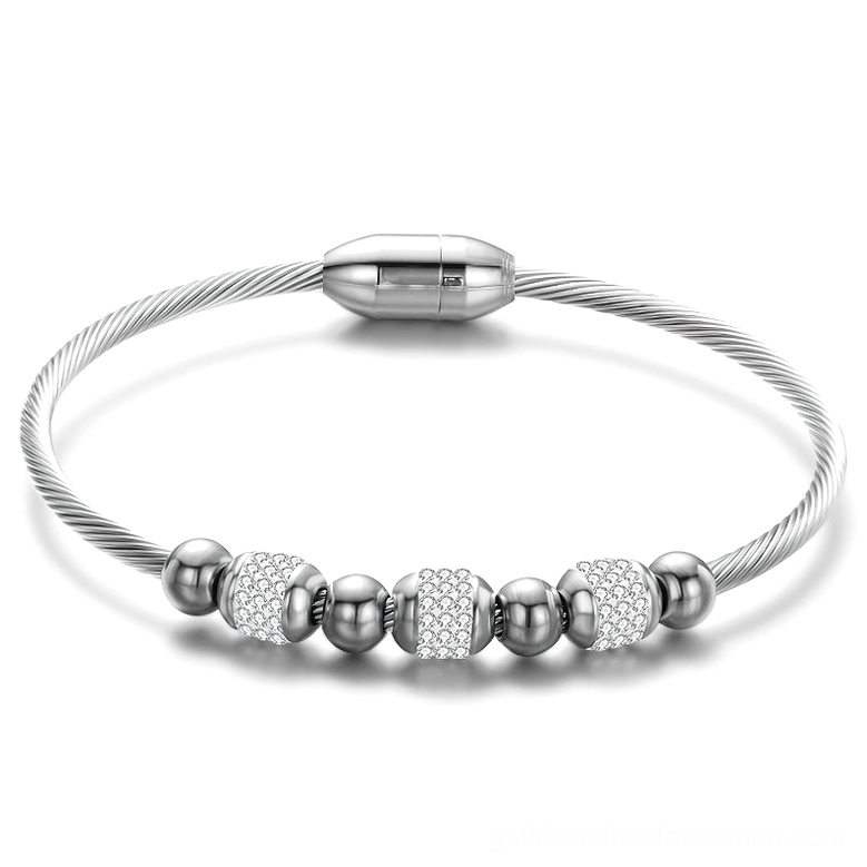 Silver tone twisted cable gothic bracelet with crystal accents, magnetic closure system, ideal for alternative dark fashion styling