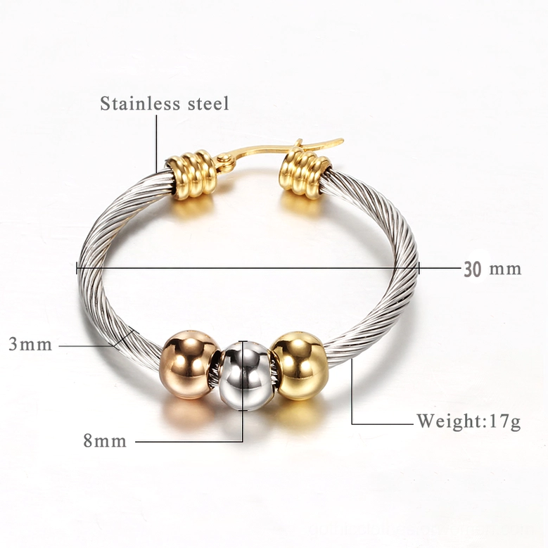 Twisted stainless steel gothic hoop earrings front product view with size specifications and tri-color metal bead details