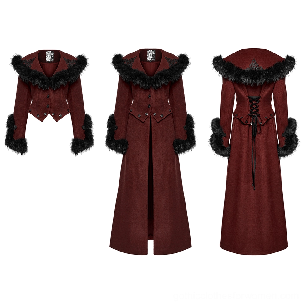 Front flat lay of wine red gothic coat showing detachable cropped jacket option, black faux fur collar, and embroidered embellishments
