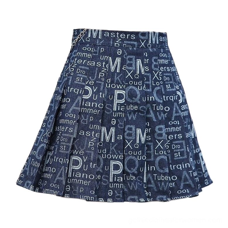 Navy blue pleated denim mini skirt flat lay side view, showing full typographic print coverage and denim weave