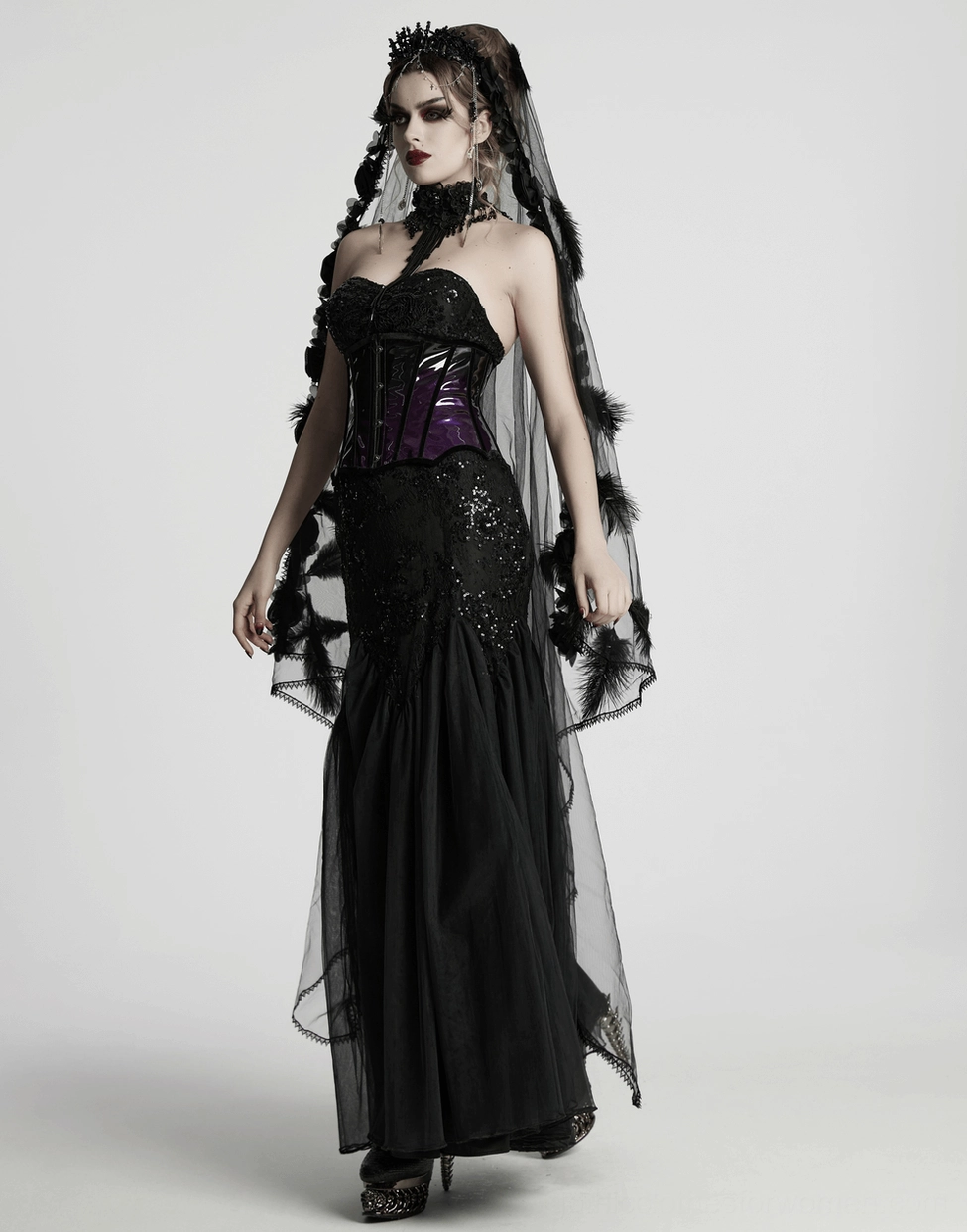 Underbust corset back view photography showing full lace-up system with adjustable satin ties and gothic aesthetic