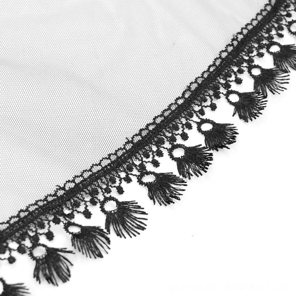 Black gothic underbust corset product display showing tulle skirt, lace overlay, and complete silhouette on white background