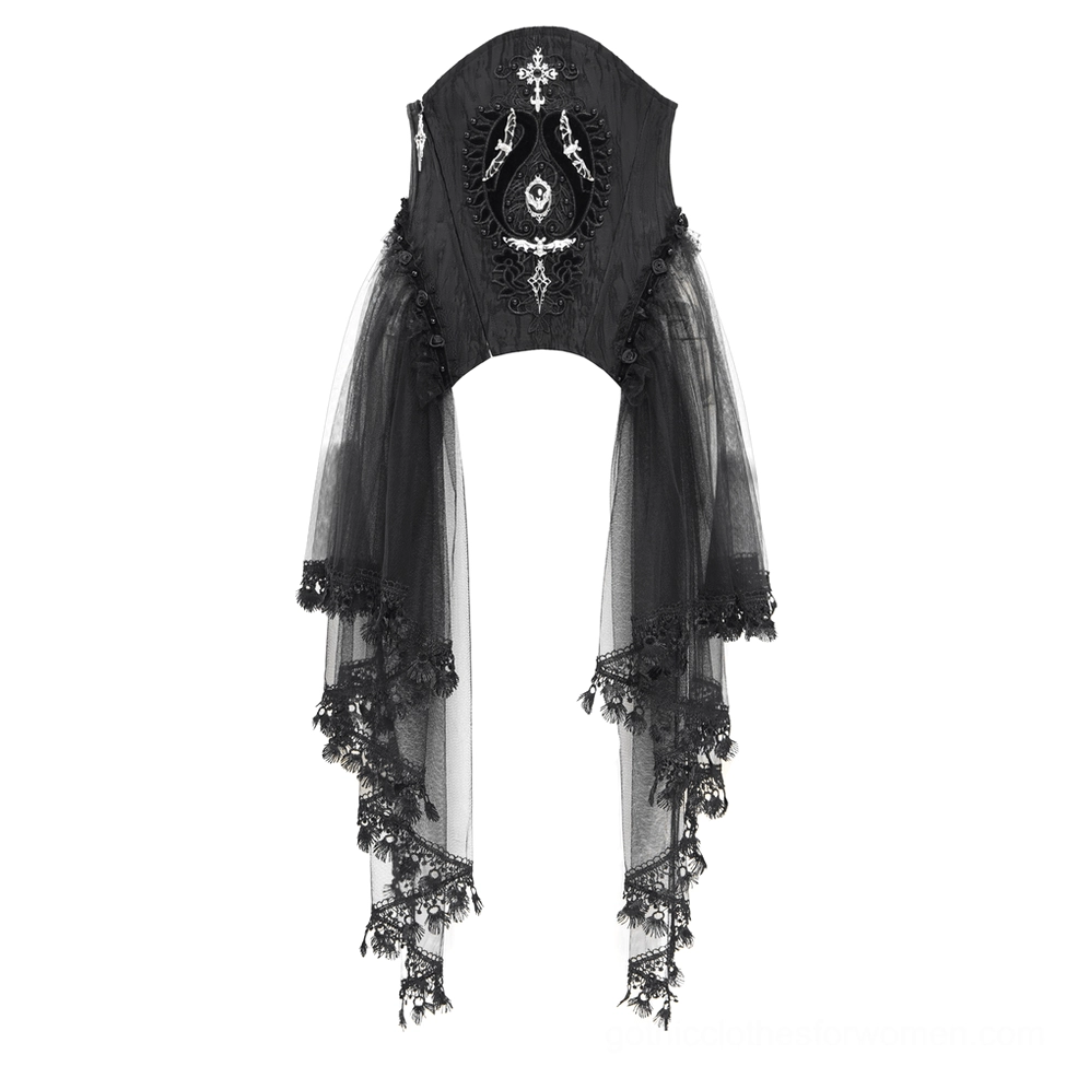 Single black gothic underbust corset with tulle lace trim and intricate gothic embroidery on white studio background