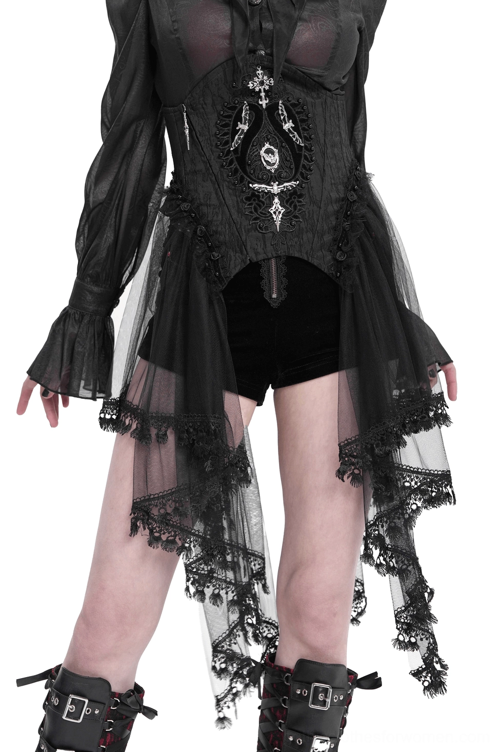 Black gothic underbust corset with tulle skirt and lace trim worn by female model in front view, displaying full silhouette and metal gothic ornaments