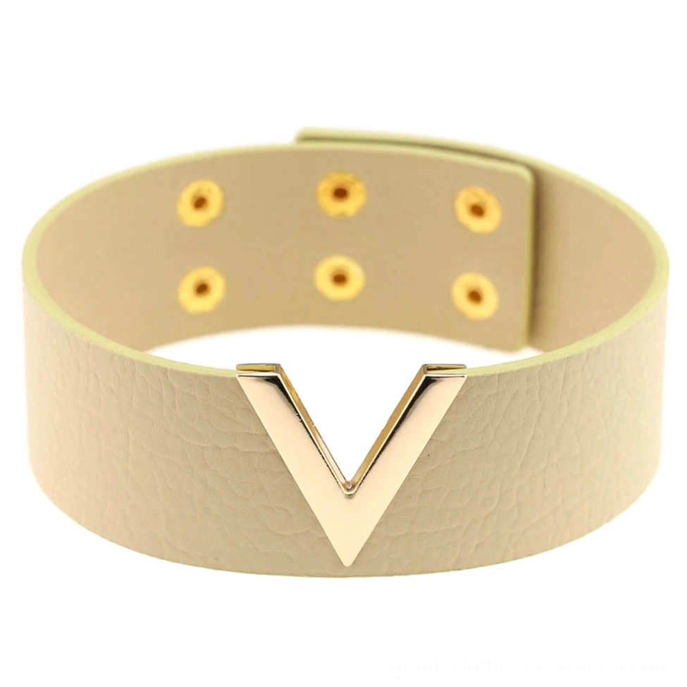 Beige cream leather V-choker with gold hardware and adjustable snap fasteners, minimalist gothic style product shot