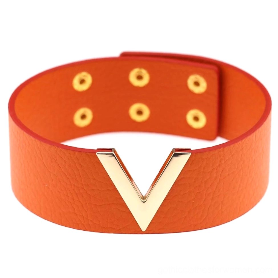 Burnt orange leather V-choker with gold V-shaped accent and snap closures, warm tone alternative fashion neckwear