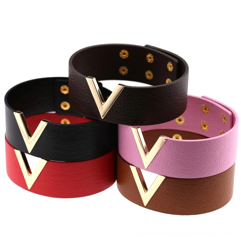 Leather V-choker collection display, multiple color variants showing full color range and design consistency