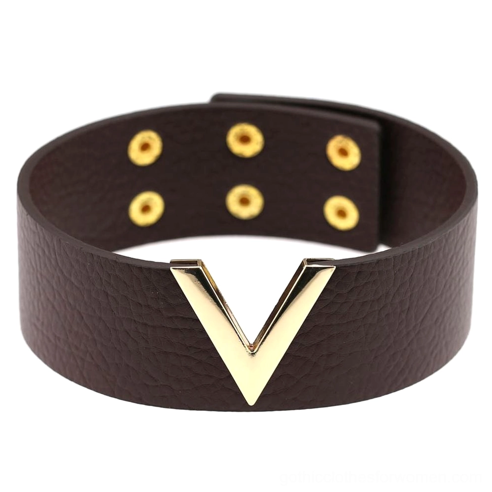 Dark brown coffee leather V-choker with gold accents and adjustable snaps, front flat view product photography