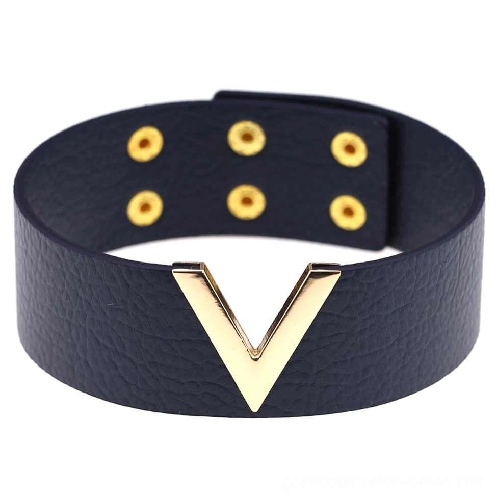 Navy blue leather V-choker with gold metal decor and snap buttons, flat front display showing deep jewel tone color