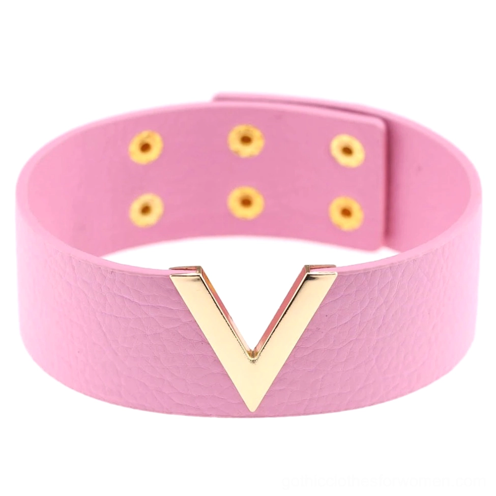 Pastel pink leather V-choker with gold metal details and adjustable snaps, romantic goth aesthetic choker