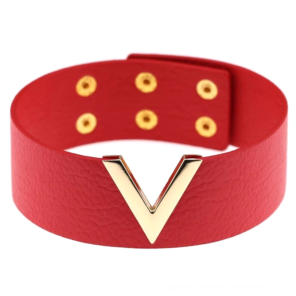 Bright red leather V-choker with gold metal V accent, bold statement gothic choker for alternative fashion