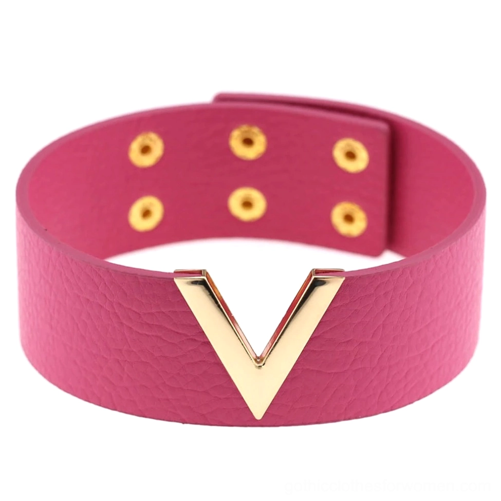 Rose wine red leather V-choker with gold V hardware and snap fasteners, romantic gothic color variant choker