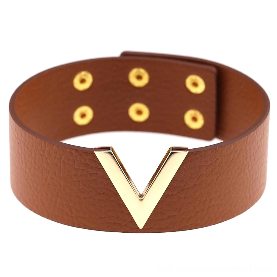 Tan brown leather V-choker with gold V hardware and snap fasteners, studio product display flat view