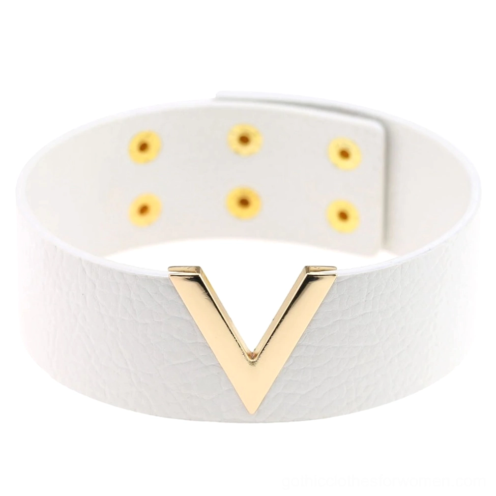 White leather V-choker with gold hardware, gothic lolita style choker showing geometric V accent and pebbled texture