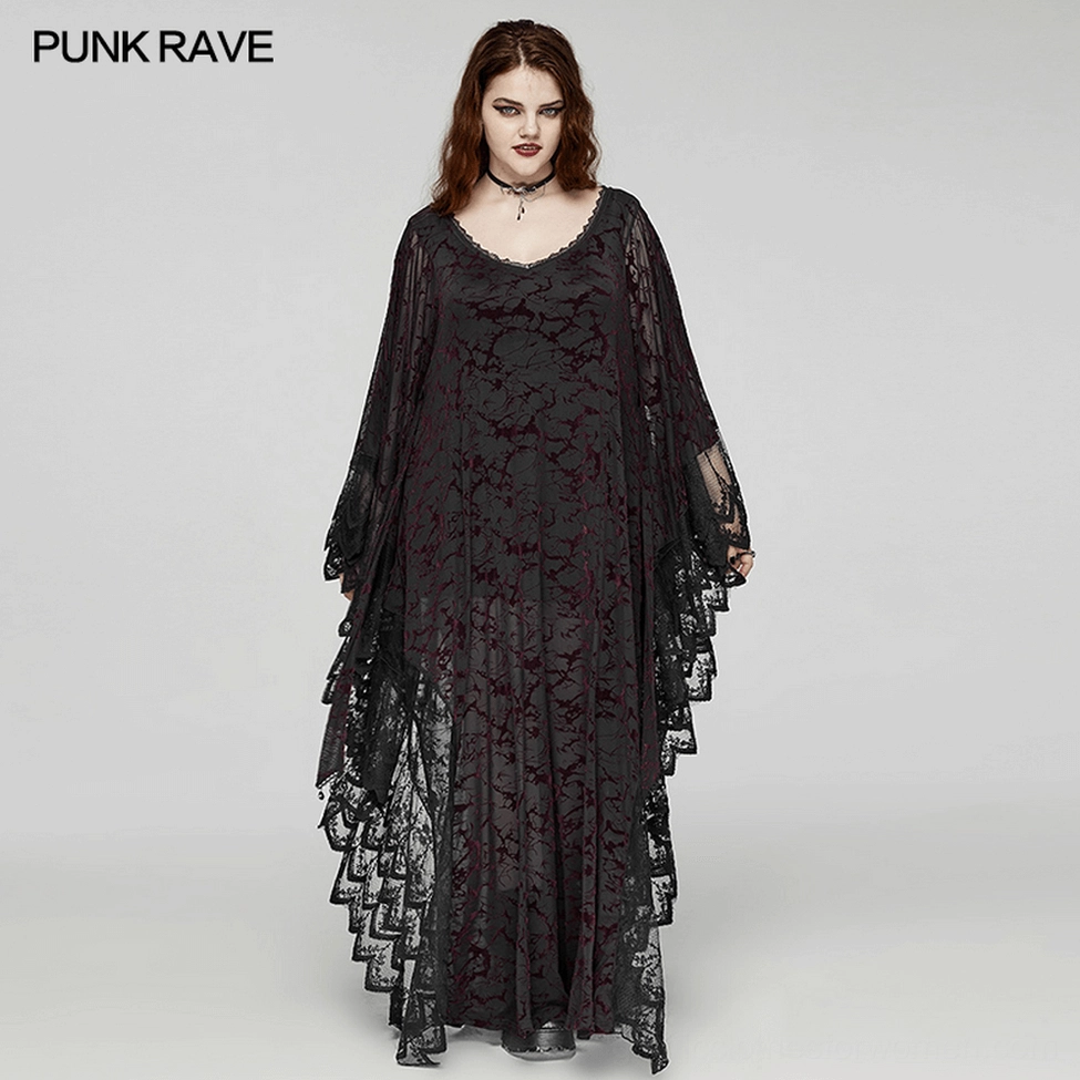 Gothic V-neck maxi dress worn by model demonstrating fit, drape, and dramatic goth fashion statement