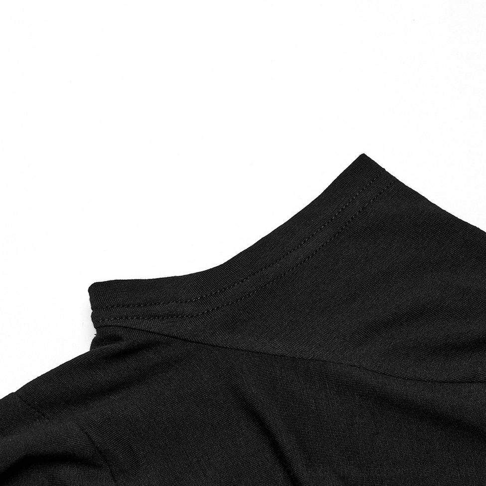 Black V-neck gothic t-shirt neckline and shoulder detail with neat stitching