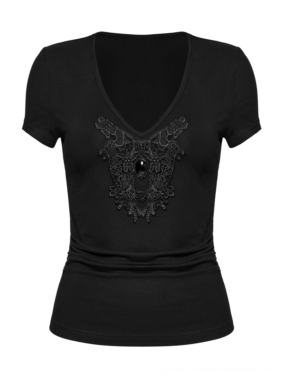 Black gothic V-neck t-shirt front flat lay with lace applique and ruched waist