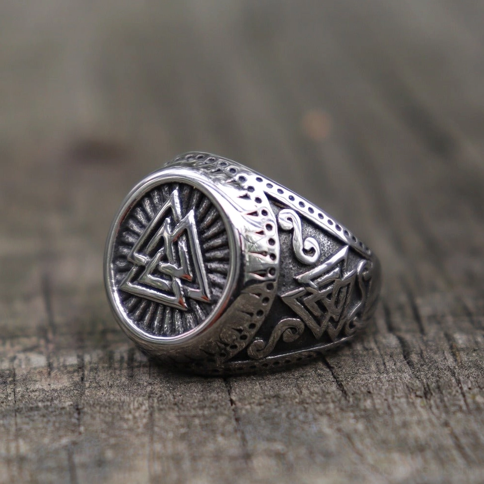 Gothic valknut signet ring detail shot stainless steel carved Norse mythology symbol close-up