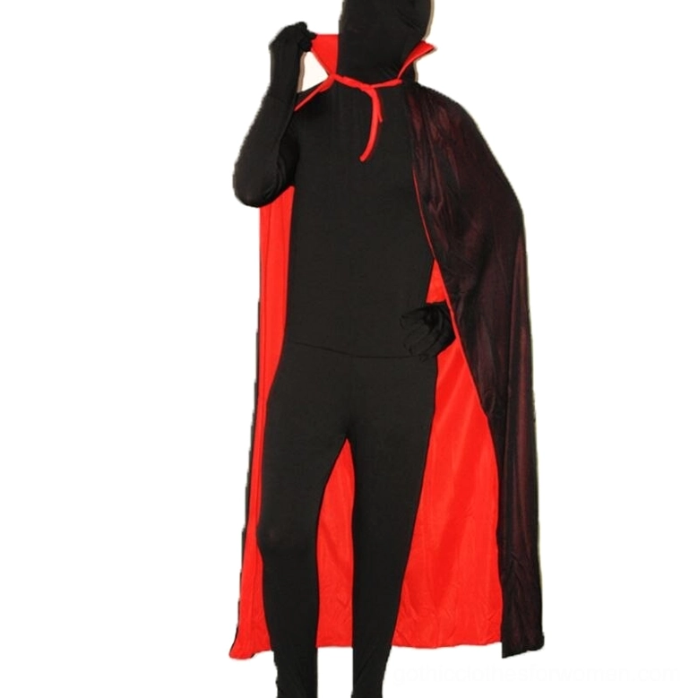 Gothic vampire cape on model, styled with black bodysuit, dramatic one-shoulder drape