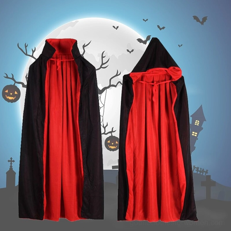 Two-style gothic vampire capes comparison, stand-collar and hooded designs, halloween aesthetic