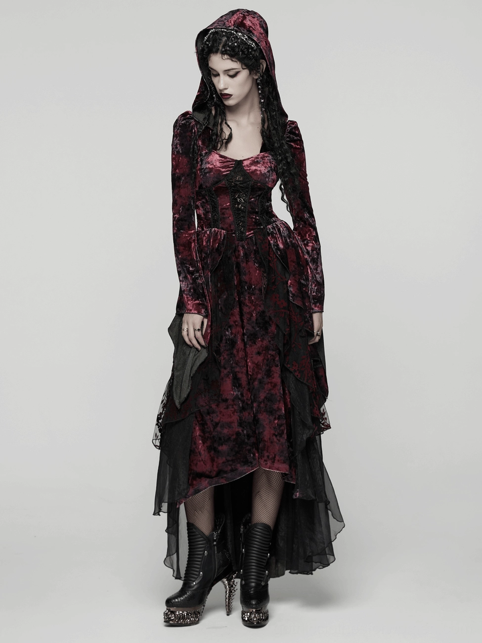 Gothic vampire hooded dress complete view emphasizing dark romantic aesthetic and theatrical silhouette