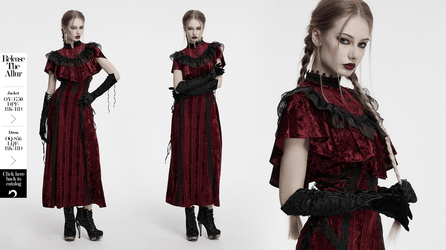 Multiple female models displaying black velvet gothic arm gloves in various poses and styling combinations