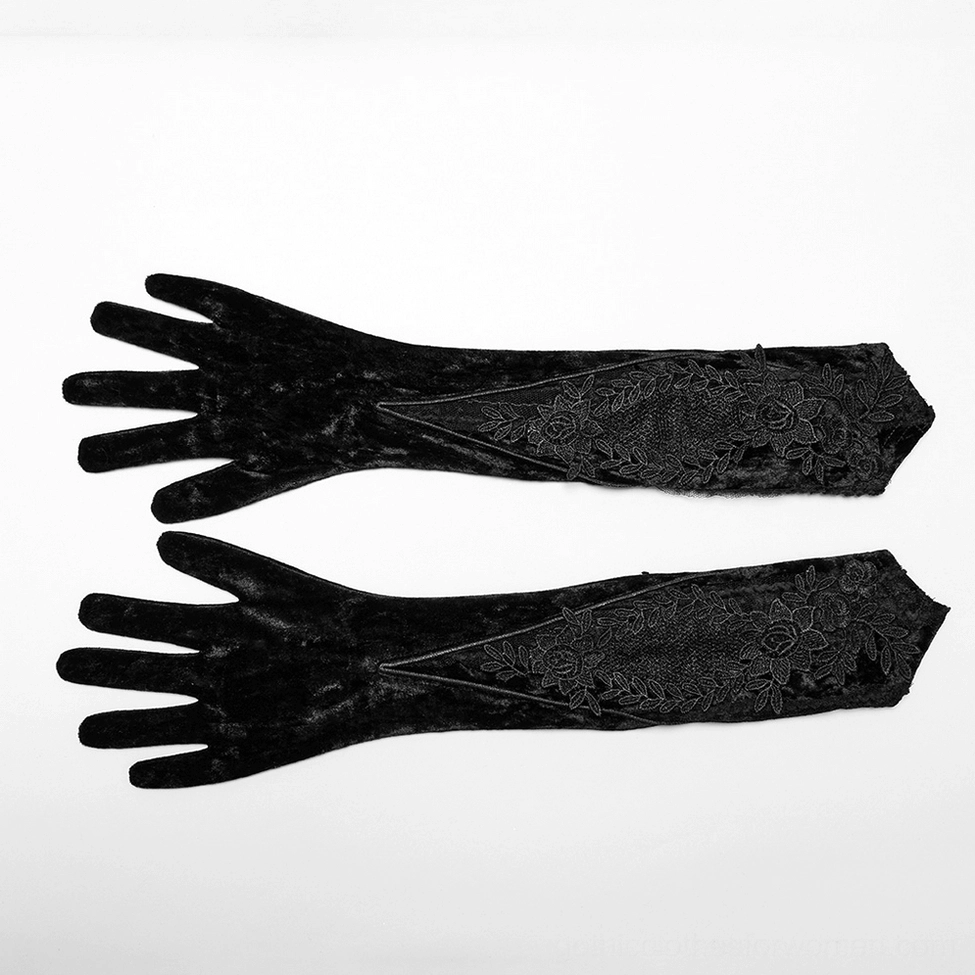 Black velvet gothic arm gloves flat lay - top-down view displaying crushed velvet texture and full finger coverage