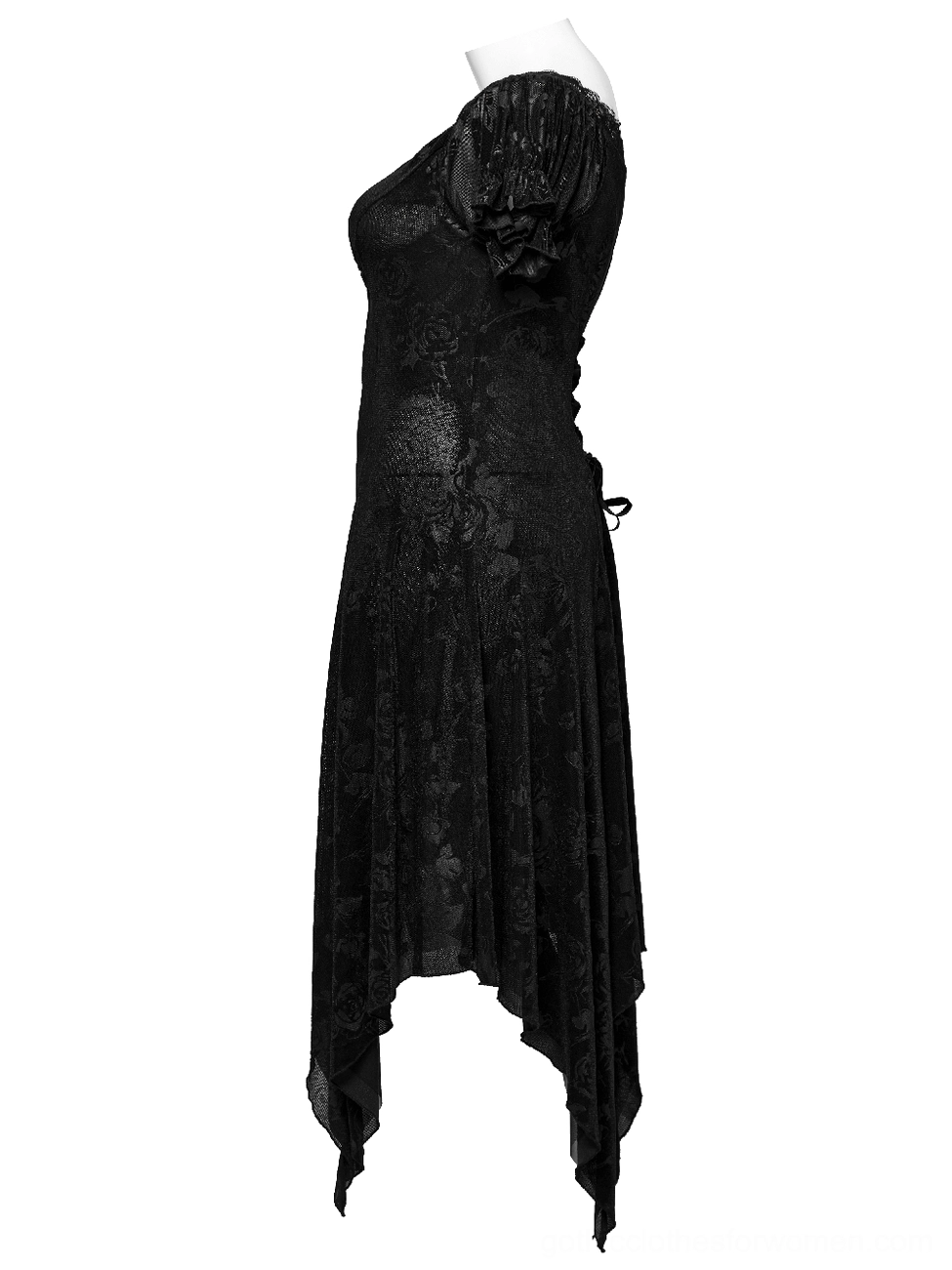 Black gothic velvet dress side view on mannequin showing side lace-up detail and asymmetrical handkerchief hem