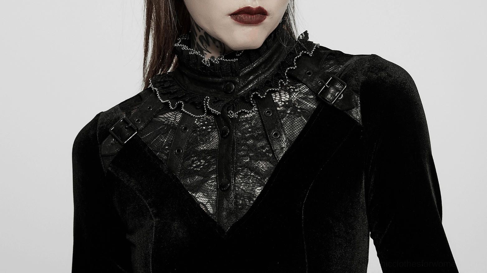 Additional styling view of black gothic velvet asymmetrical dress showcasing design elements