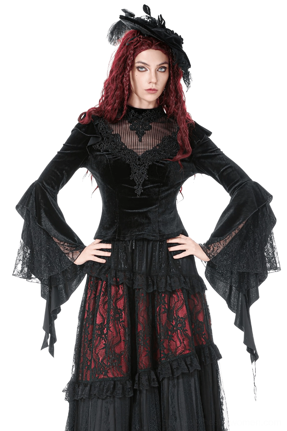 Black velvet gothic bell sleeve top with lace yoke, front view on model wearing red hair and black feather hat