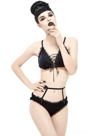 Gothic velvet bikini set front view with lace-up top and crisscross back straps on model