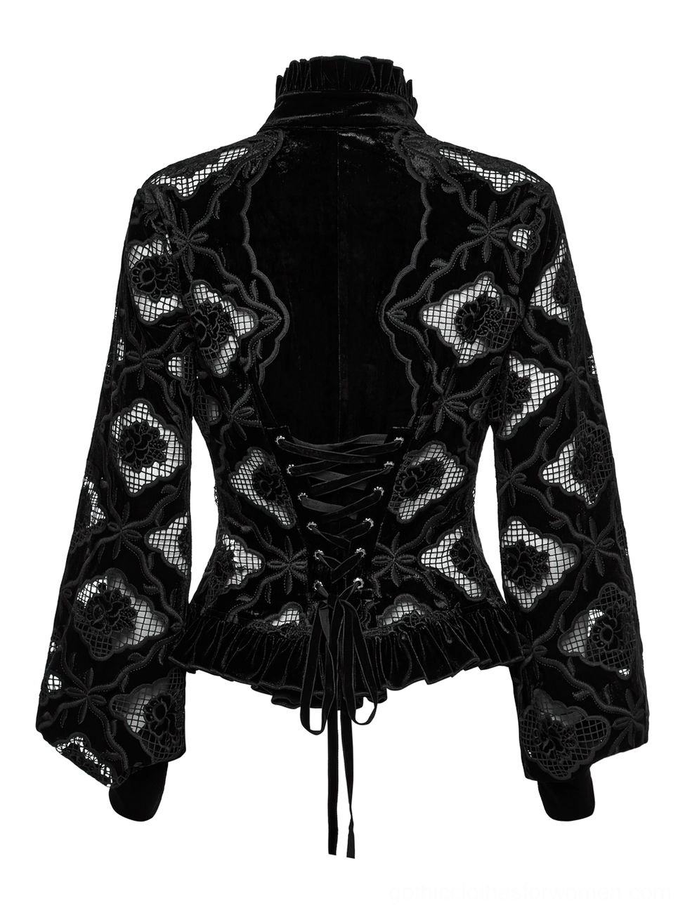 Back flat lay view of gothic velvet blouse showing open back corset lacing and flared embroidered sleeves with mesh cutouts