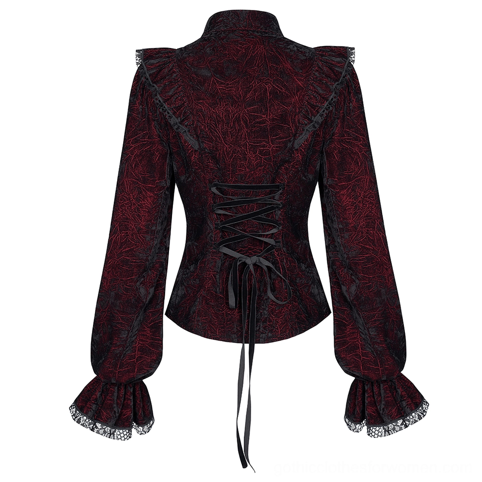 Gothic velvet blouse rear flat lay view displaying corset lace-up back and ruffled shoulders