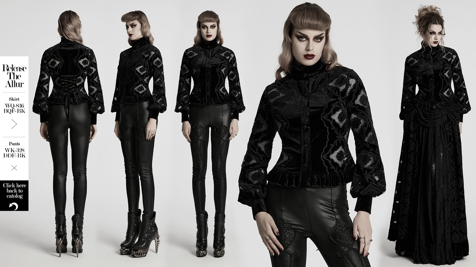 Back detail view of black velvet gothic blouse on model revealing corset lacing structure and overall silhouette drape