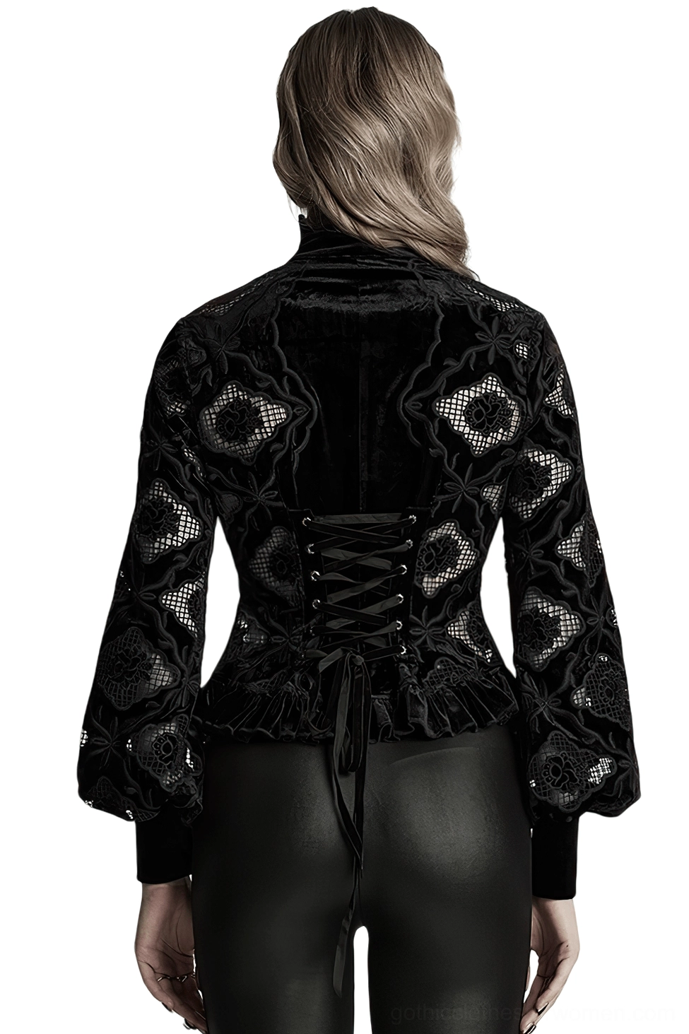 Black velvet gothic blouse back view showing corset-style lace-up back closure with floral embroidery and mesh panels