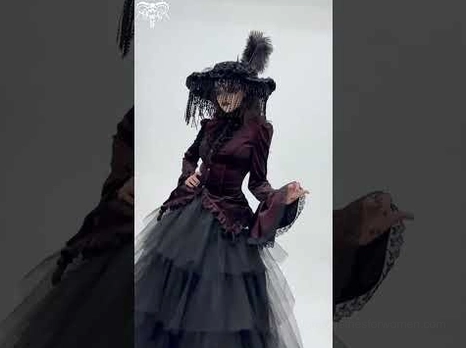 Dark burgundy gothic velvet blouse and tulle skirt outfit set - styled on model