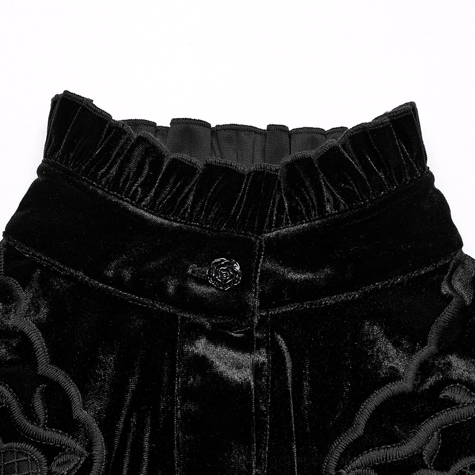 Close-up detail of gothic blouse neckline and placket featuring ruffled high collar, rose-shaped decorative button, and embroidery