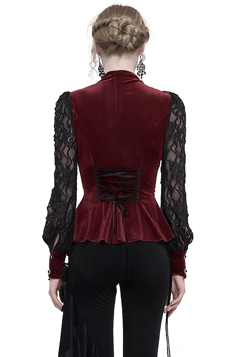 Gothic wine red velvet blouse with corset lace-up back design and fitted silhouette - back view