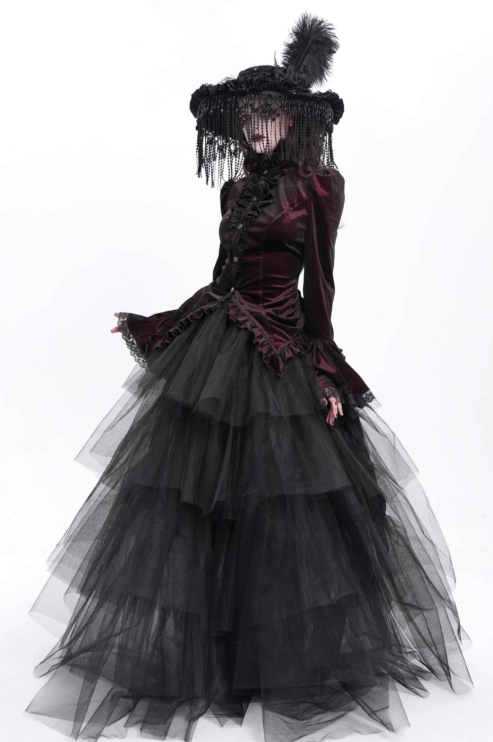Gothic velvet blouse styling detail - corset back and theatrical ruffled collar design